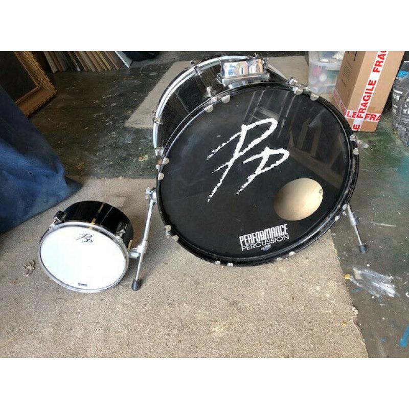 For sale a Percussion Performance Black Bass Drum with 11 inch Tom Tom and a EMI Hamma Pedal.