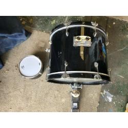 For sale a Percussion Performance Black Bass Drum with 11 inch Tom Tom and a EMI Hamma Pedal.