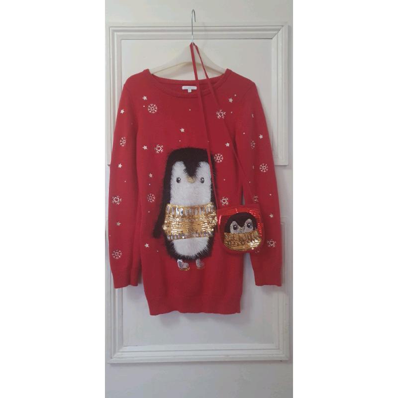 Gorgeous Penguin Christmas Jumper with matching Penguin Sequine Bag