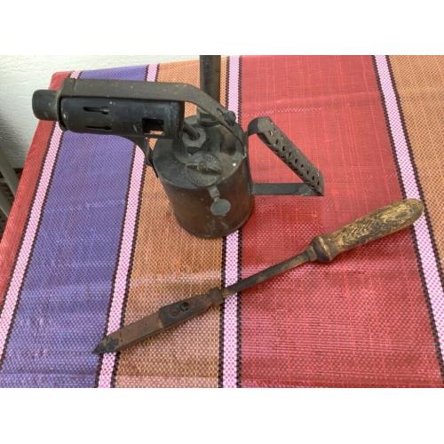 Vintage brass blow lamp and soldering iron